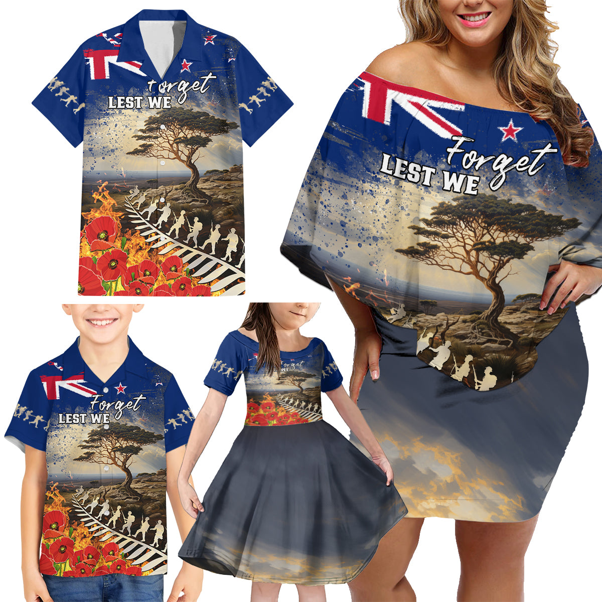 New Zealand ANZAC Day Family Matching Off Shoulder Short Dress and Hawaiian Shirt The Lonesome Pine With Soldier Fern LT05 - Polynesian Pride