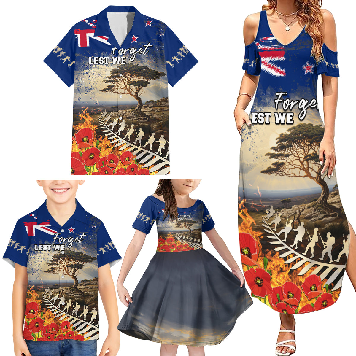 New Zealand ANZAC Day Family Matching Summer Maxi Dress and Hawaiian Shirt The Lonesome Pine With Soldier Fern LT05 - Polynesian Pride