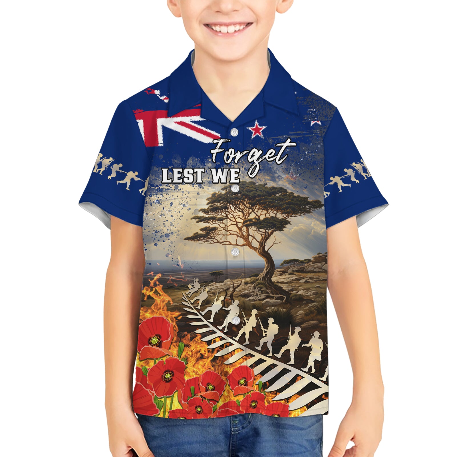 New Zealand ANZAC Day Kid Hawaiian Shirt The Lonesome Pine With Soldier Fern LT05 Kid Blue - Polynesian Pride