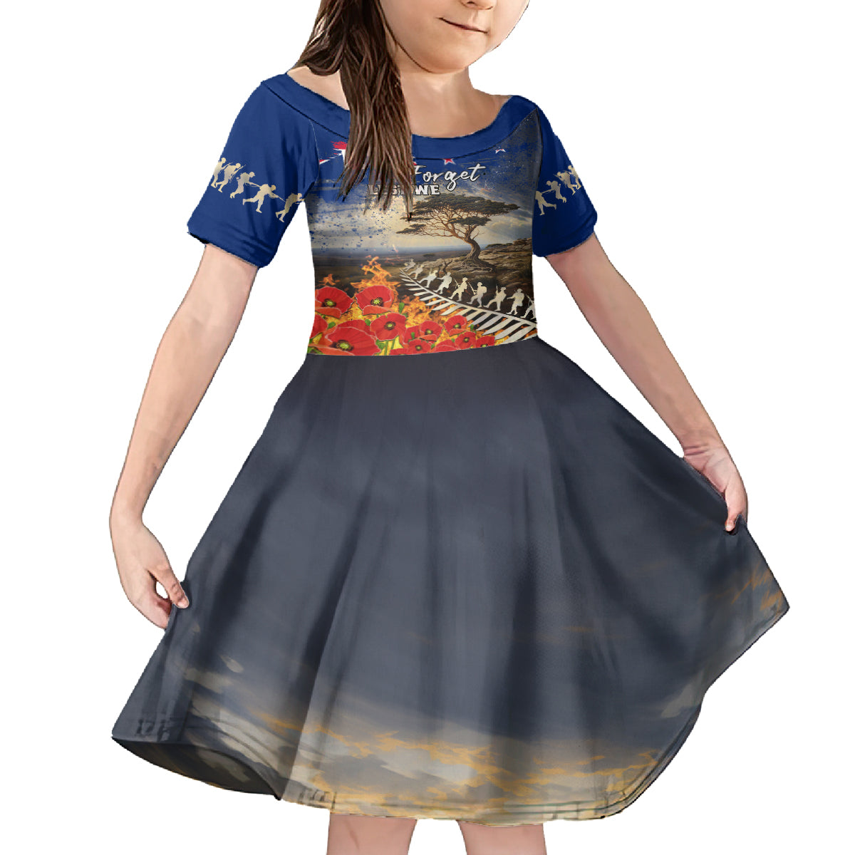 New Zealand ANZAC Day Kid Short Sleeve Dress The Lonesome Pine With Soldier Fern LT05 KID Blue - Polynesian Pride