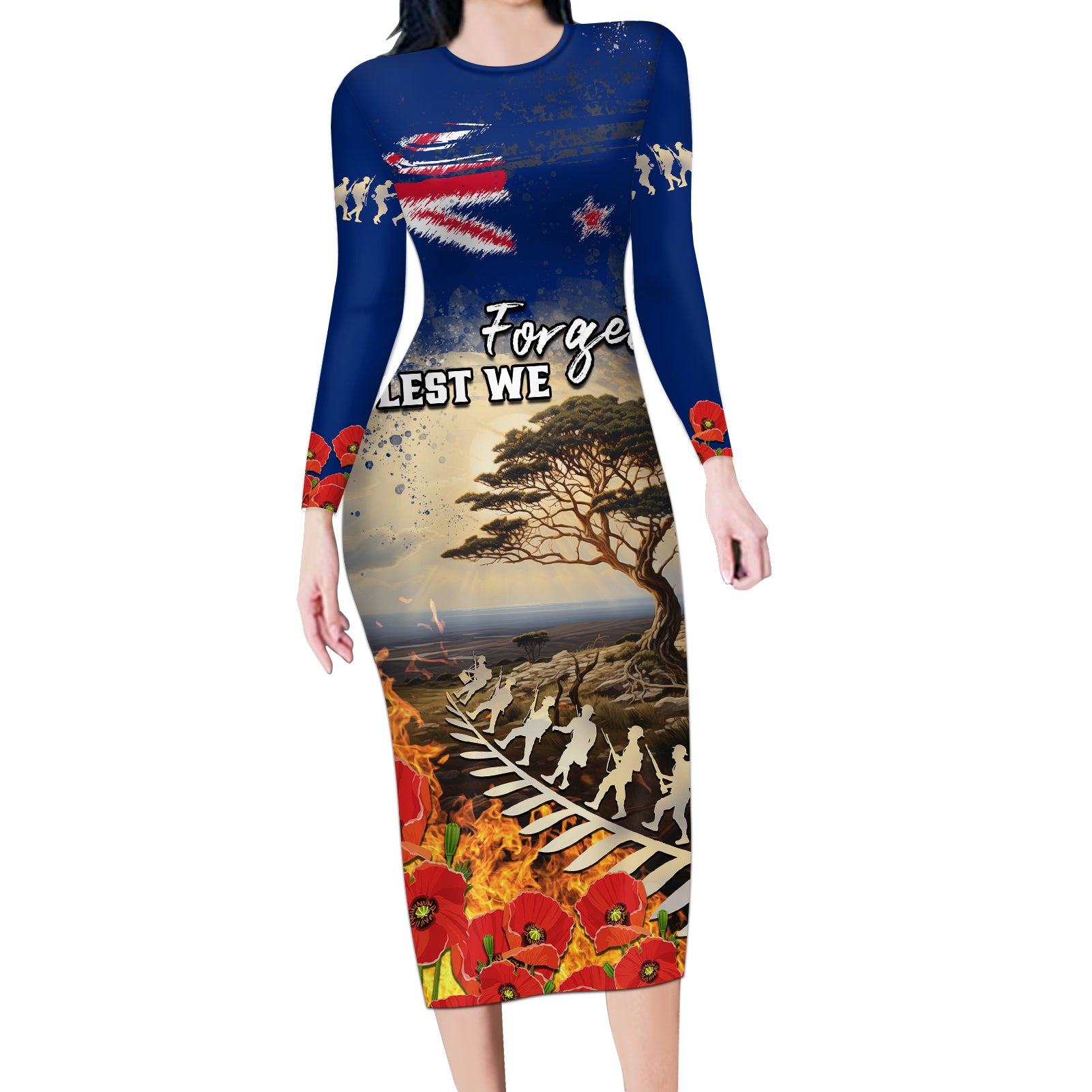 New Zealand ANZAC Day Long Sleeve Bodycon Dress The Lonesome Pine With Soldier Fern LT05 Long Dress Blue - Polynesian Pride