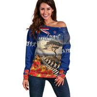 New Zealand ANZAC Day Off Shoulder Sweater The Lonesome Pine With Soldier Fern LT05 Women Blue - Polynesian Pride