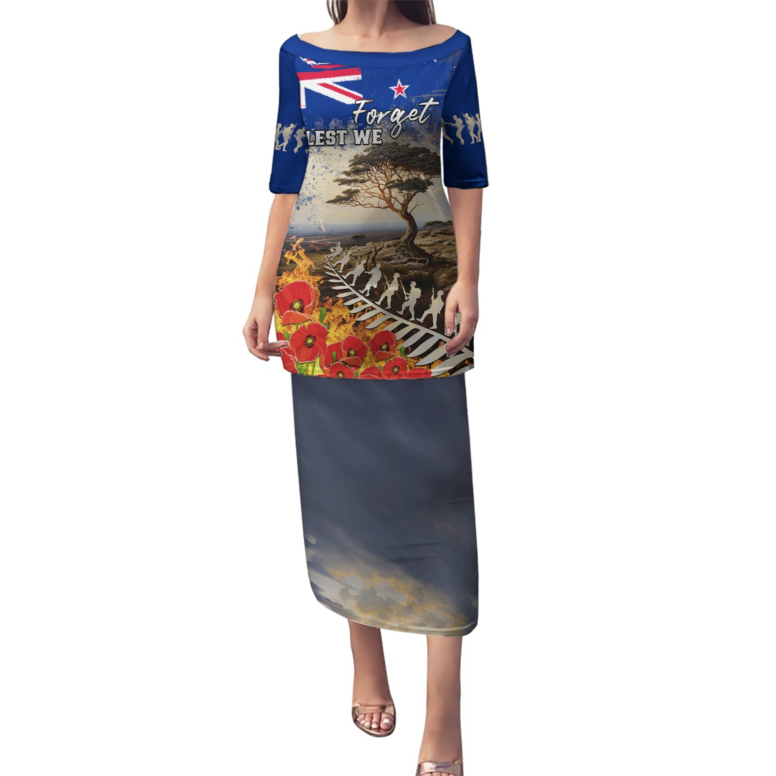 New Zealand ANZAC Day Puletasi The Lonesome Pine With Soldier Fern LT05 Long Dress Blue - Polynesian Pride