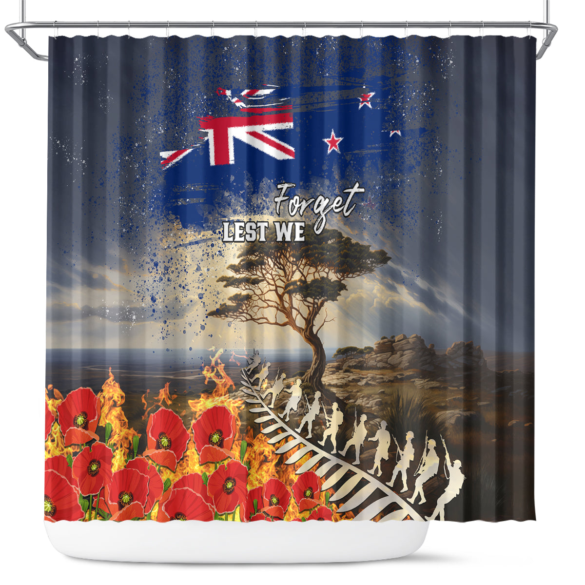 New Zealand ANZAC Day Shower Curtain The Lonesome Pine With Soldier Fern LT05 Blue - Polynesian Pride