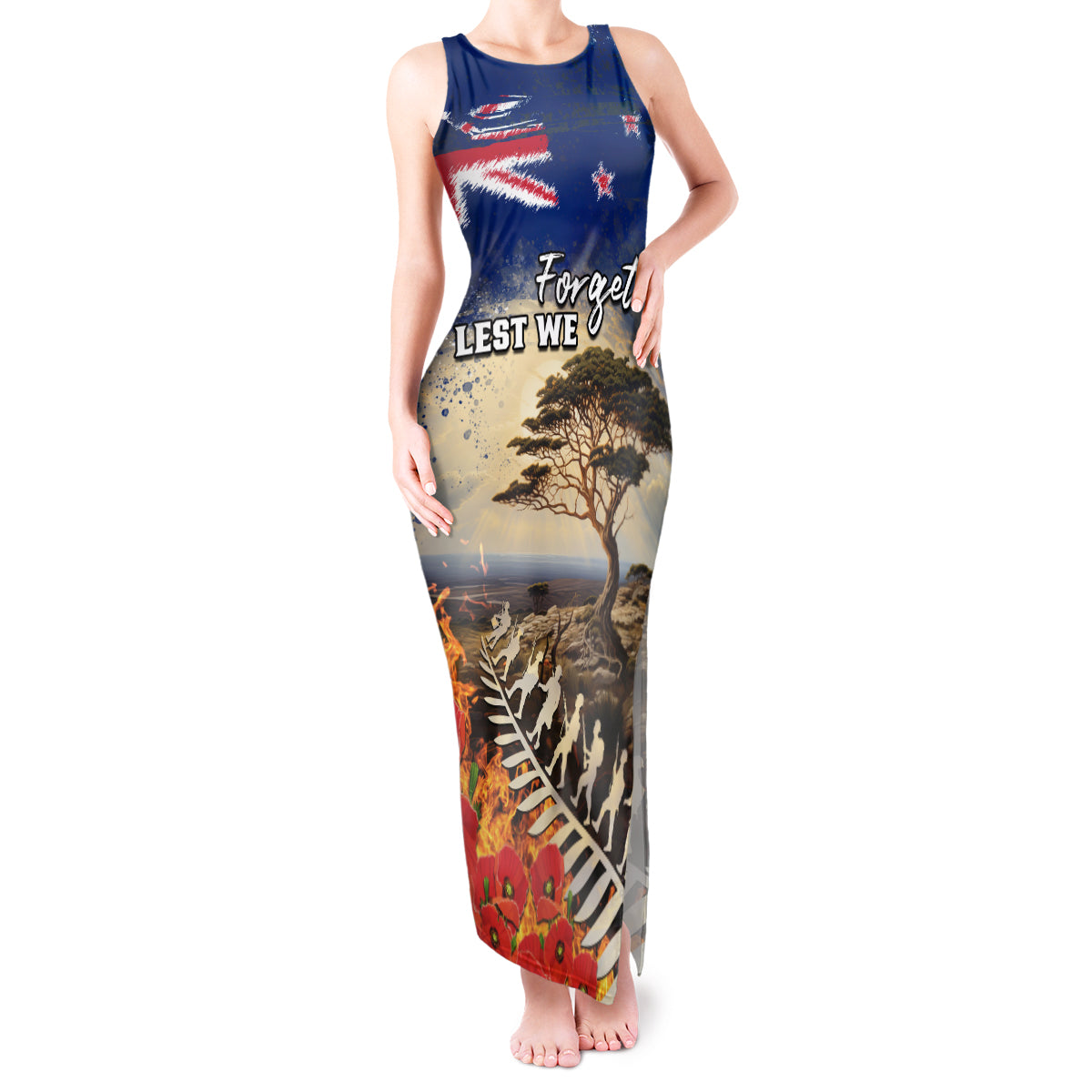 New Zealand ANZAC Day Tank Maxi Dress The Lonesome Pine With Soldier Fern LT05 Women Blue - Polynesian Pride