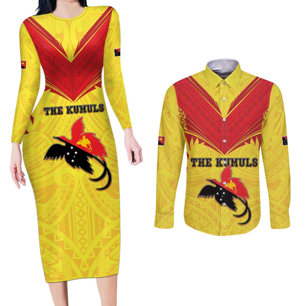 Papua New Guinea Rugby Custom Couples Matching Long Sleeve Bodycon Dress and Long Sleeve Button Shirt Kumuls Heritage LT05 Yellow - Polynesian Pride