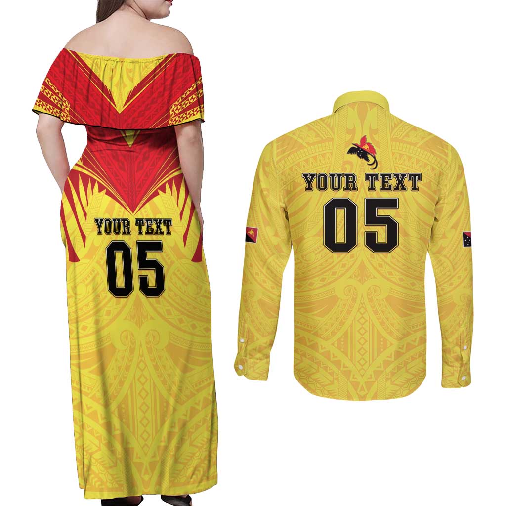 Papua New Guinea Rugby Custom Couples Matching Off Shoulder Maxi Dress and Long Sleeve Button Shirt Kumuls Heritage LT05 - Polynesian Pride