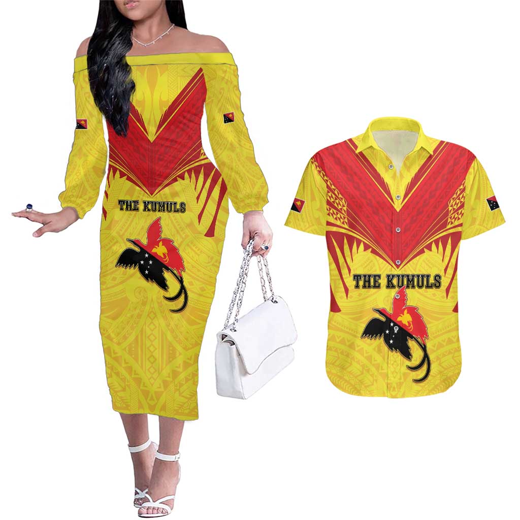Papua New Guinea Rugby Custom Couples Matching Off The Shoulder Long Sleeve Dress and Hawaiian Shirt Kumuls Heritage LT05 Yellow - Polynesian Pride