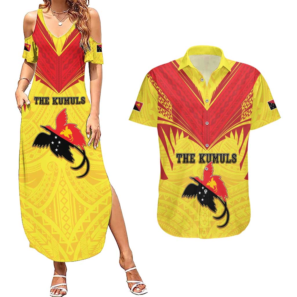 Papua New Guinea Rugby Custom Couples Matching Summer Maxi Dress and Hawaiian Shirt Kumuls Heritage LT05 Yellow - Polynesian Pride