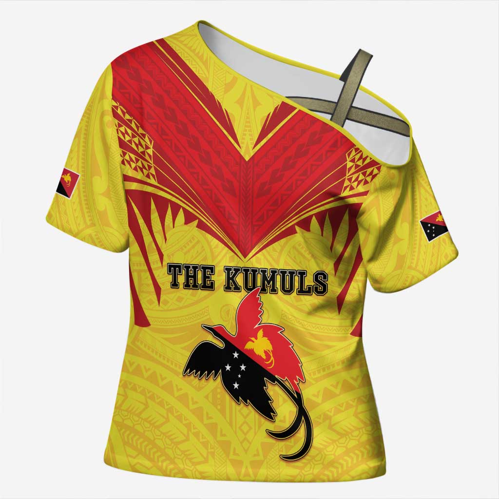 Papua New Guinea Rugby Custom Cross Shoulder Shirt Kumuls Heritage LT05 Female Yellow - Polynesian Pride