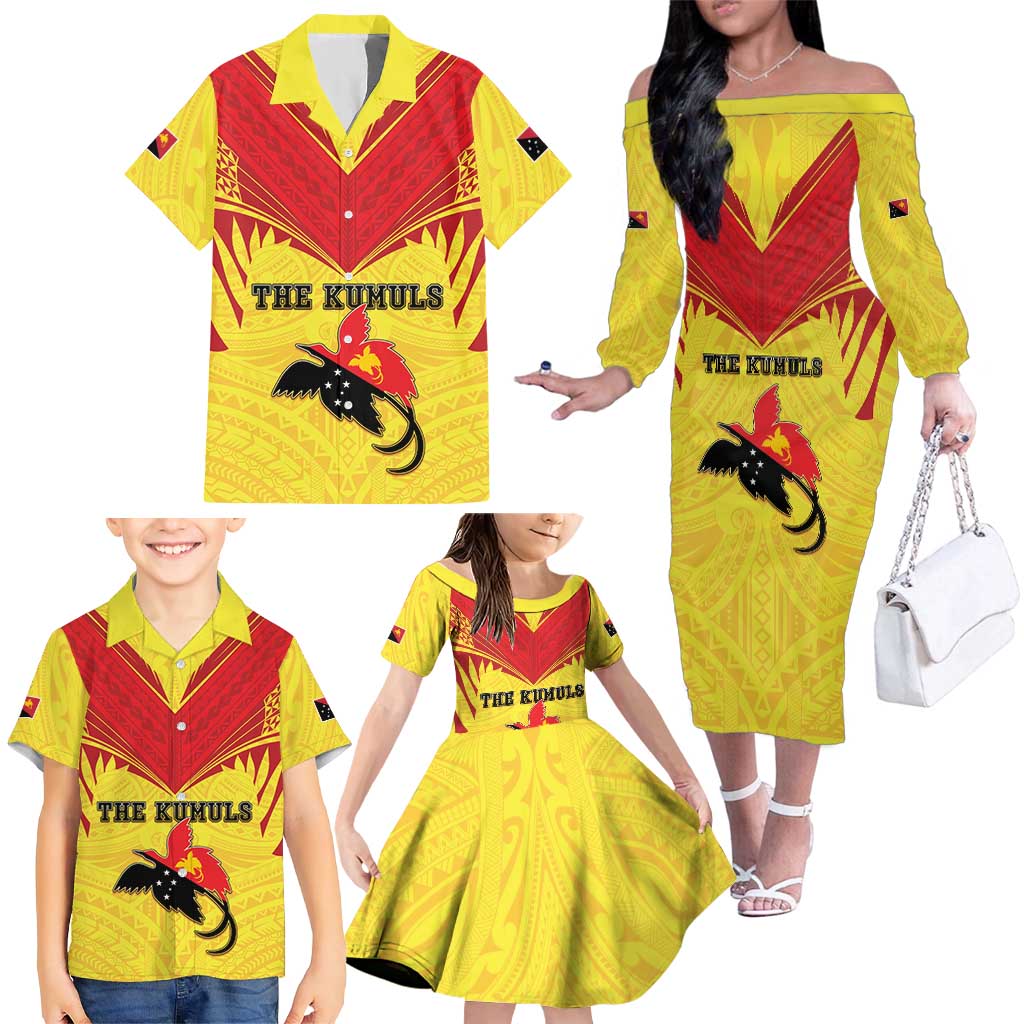 Papua New Guinea Rugby Custom Family Matching Off The Shoulder Long Sleeve Dress and Hawaiian Shirt Kumuls Heritage