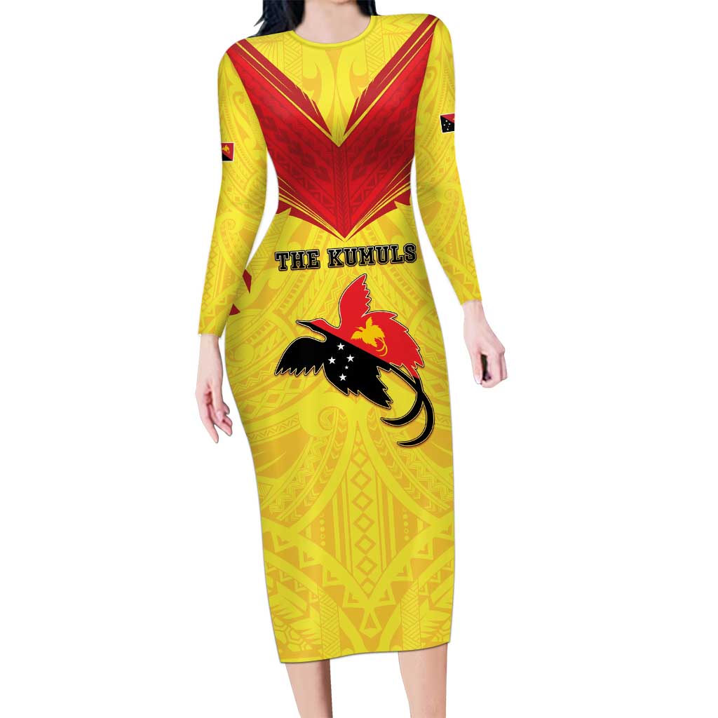 Papua New Guinea Rugby Custom Long Sleeve Bodycon Dress Kumuls Heritage LT05 Long Dress Yellow - Polynesian Pride