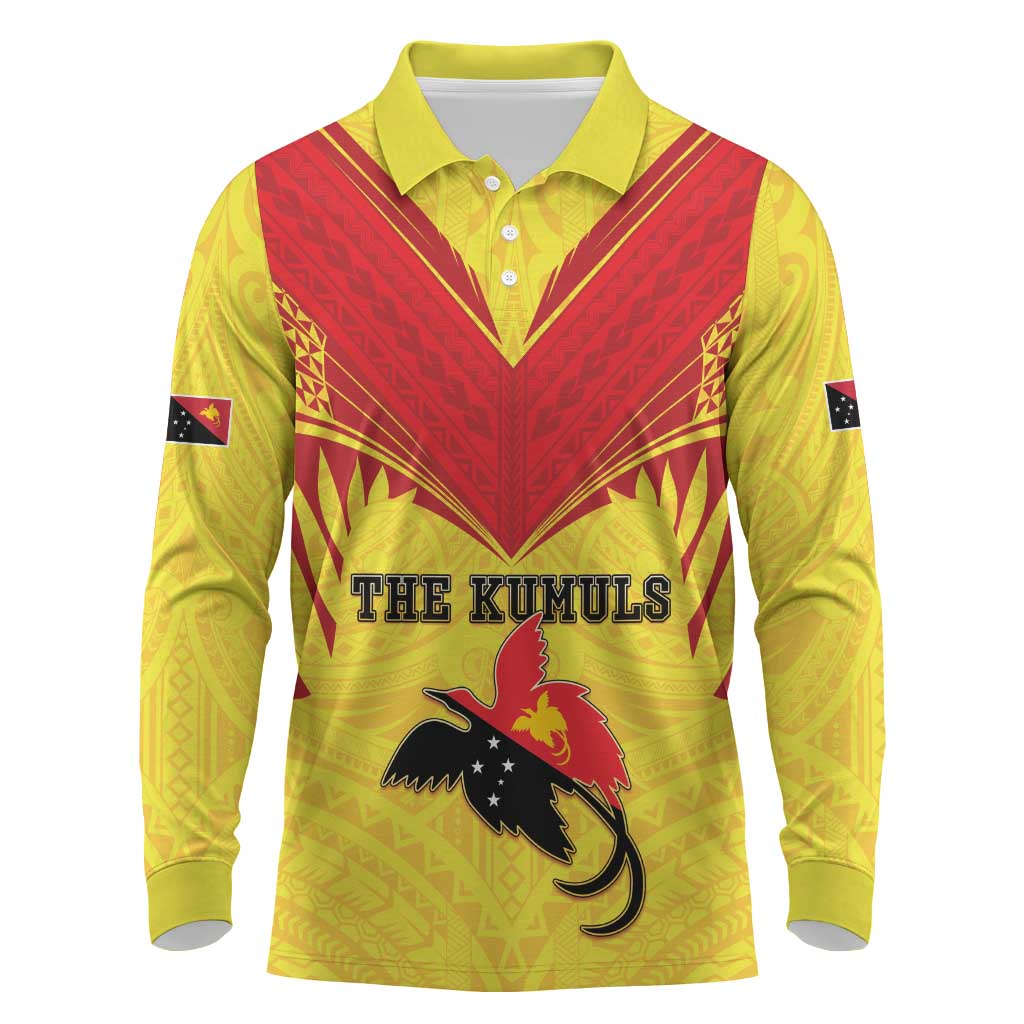 Papua New Guinea Rugby Custom Long Sleeve Polo Shirt Kumuls Heritage LT05 Yellow - Polynesian Pride