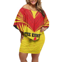 Papua New Guinea Rugby Custom Off Shoulder Short Dress Kumuls Heritage LT05 Women Yellow - Polynesian Pride