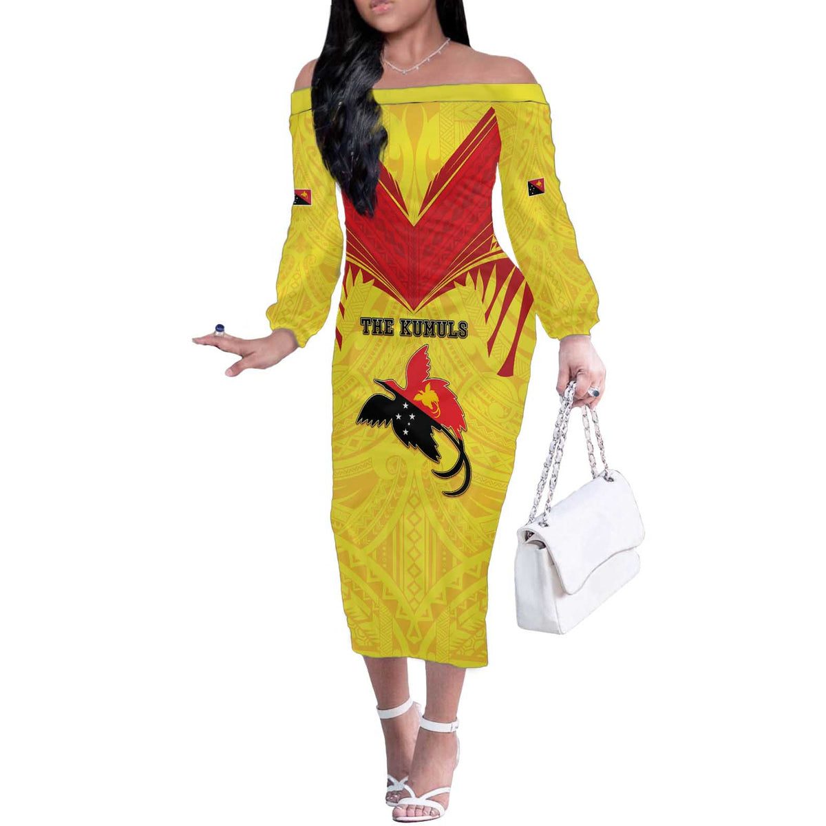 Papua New Guinea Rugby Custom Off The Shoulder Long Sleeve Dress Kumuls Heritage LT05 Women Yellow - Polynesian Pride