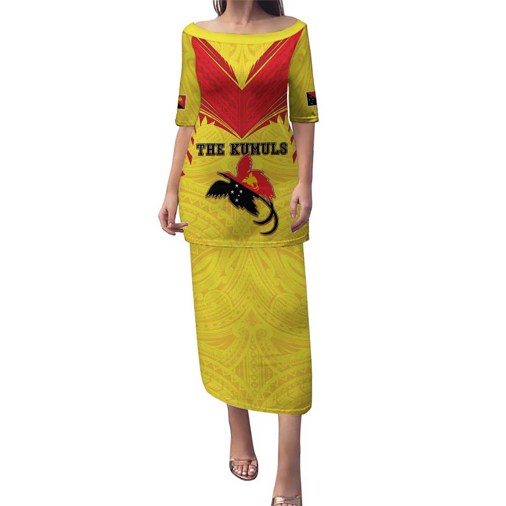 Papua New Guinea Rugby Custom Puletasi Kumuls Heritage LT05 Long Dress Yellow - Polynesian Pride