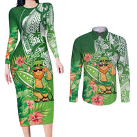 Aloha Hawaii St Patrick's Day Couples Matching Long Sleeve Bodycon Dress and Long Sleeve Button Shirt Polynesian Style LT05 Green - Polynesian Pride
