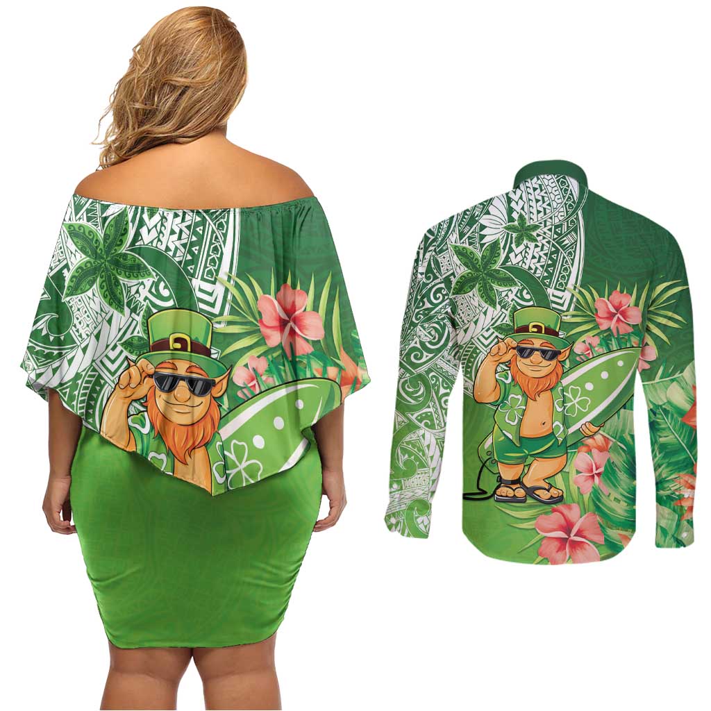 Aloha Hawaii St Patrick's Day Couples Matching Off Shoulder Short Dress and Long Sleeve Button Shirt Polynesian Style LT05 - Polynesian Pride