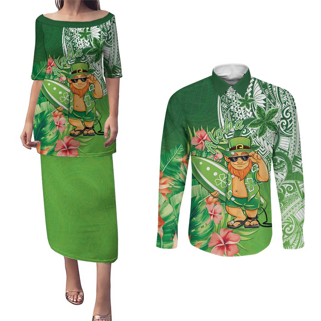 Aloha Hawaii St Patrick's Day Couples Matching Puletasi and Long Sleeve Button Shirt Polynesian Style LT05 Green - Polynesian Pride