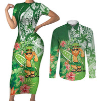 Aloha Hawaii St Patrick's Day Couples Matching Short Sleeve Bodycon Dress and Long Sleeve Button Shirt Polynesian Style LT05 Green - Polynesian Pride