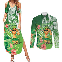 Aloha Hawaii St Patrick's Day Couples Matching Summer Maxi Dress and Long Sleeve Button Shirt Polynesian Style LT05 Green - Polynesian Pride