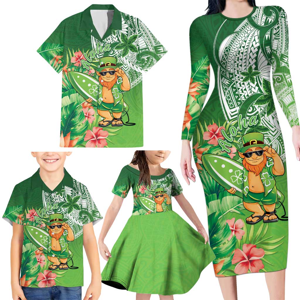 Aloha Hawaii St Patrick's Day Family Matching Long Sleeve Bodycon Dress and Hawaiian Shirt Polynesian Style
