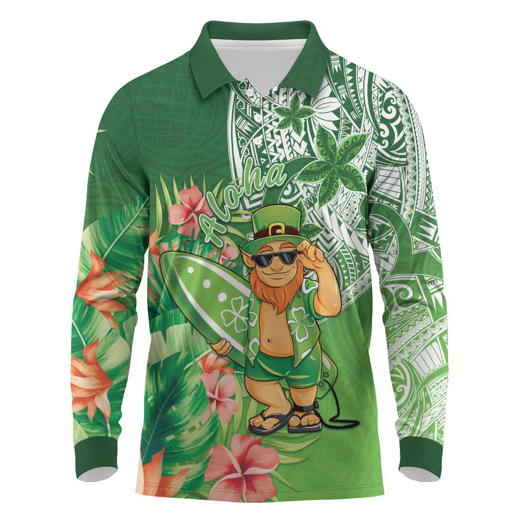Aloha Hawaii St Patrick's Day Long Sleeve Polo Shirt Polynesian Style LT05 Green - Polynesian Pride