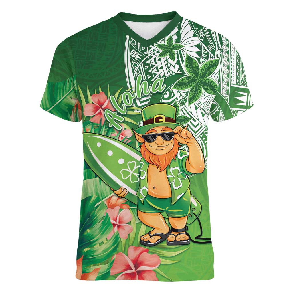 Aloha Hawaii St Patrick's Day Women V-Neck T-Shirt Polynesian Style LT05 Female Green - Polynesian Pride