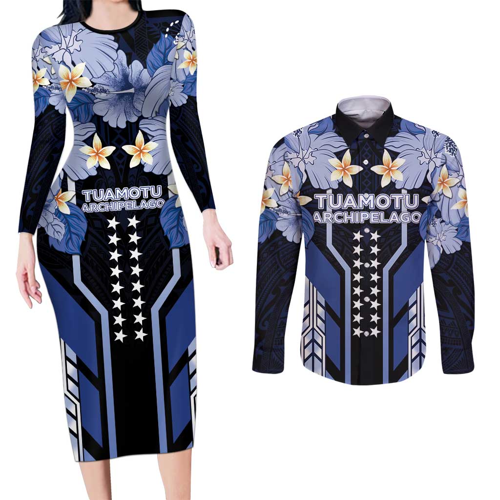 French Polynesia Tuamotu Archipelago Couples Matching Long Sleeve Bodycon Dress and Long Sleeve Button Shirt Polynesian Pattern Unique Style LT05 Navy - Polynesian Pride
