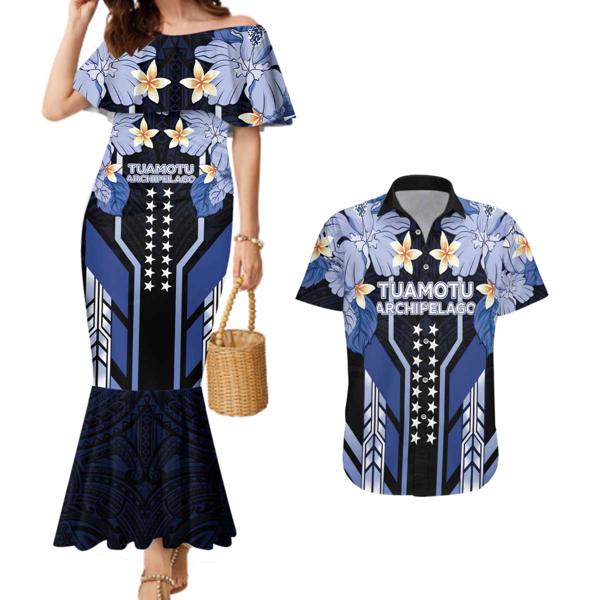 French Polynesia Tuamotu Archipelago Couples Matching Mermaid Dress and Hawaiian Shirt Polynesian Pattern Unique Style LT05 Navy - Polynesian Pride