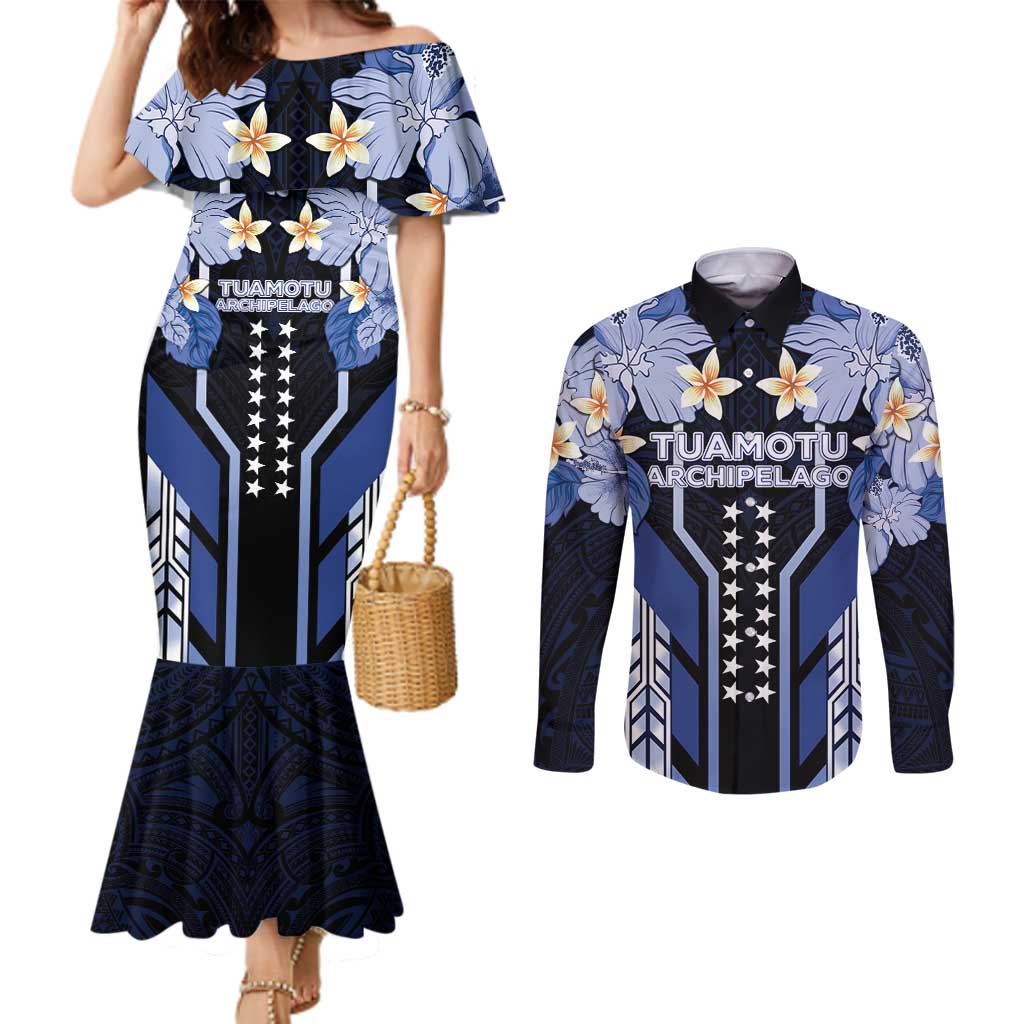 French Polynesia Tuamotu Archipelago Couples Matching Mermaid Dress and Long Sleeve Button Shirt Polynesian Pattern Unique Style LT05 Navy - Polynesian Pride