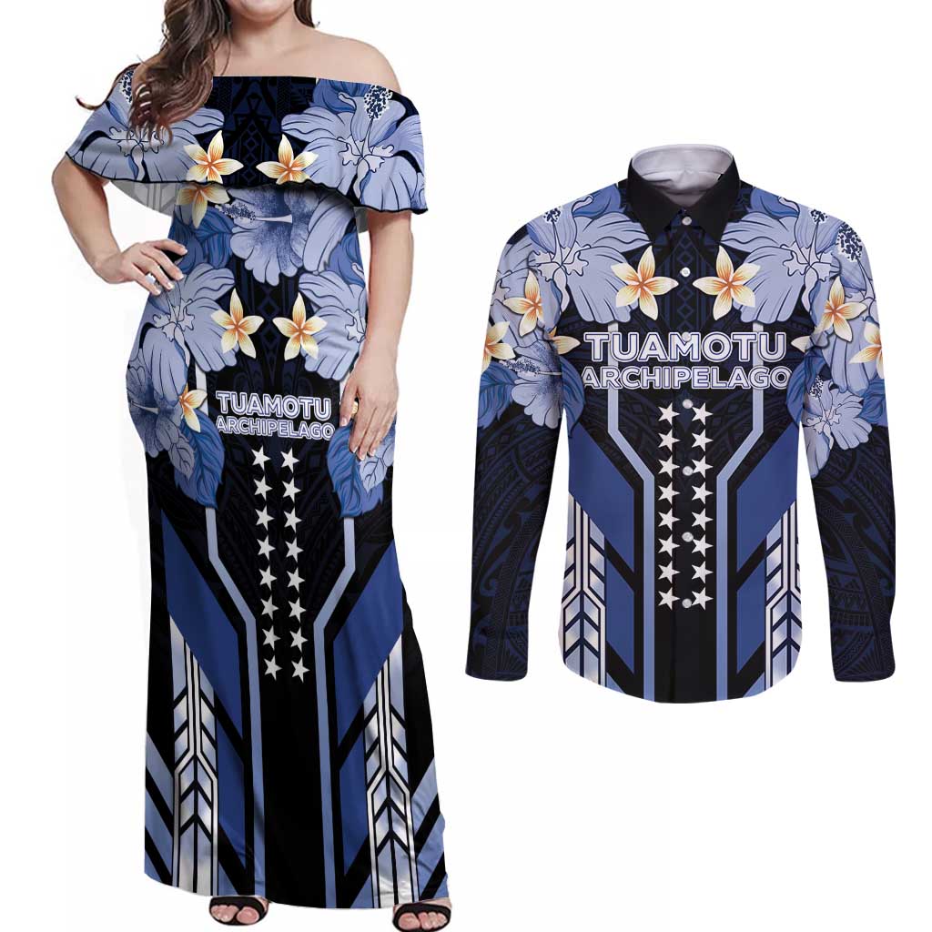 French Polynesia Tuamotu Archipelago Couples Matching Off Shoulder Maxi Dress and Long Sleeve Button Shirt Polynesian Pattern Unique Style LT05 Navy - Polynesian Pride