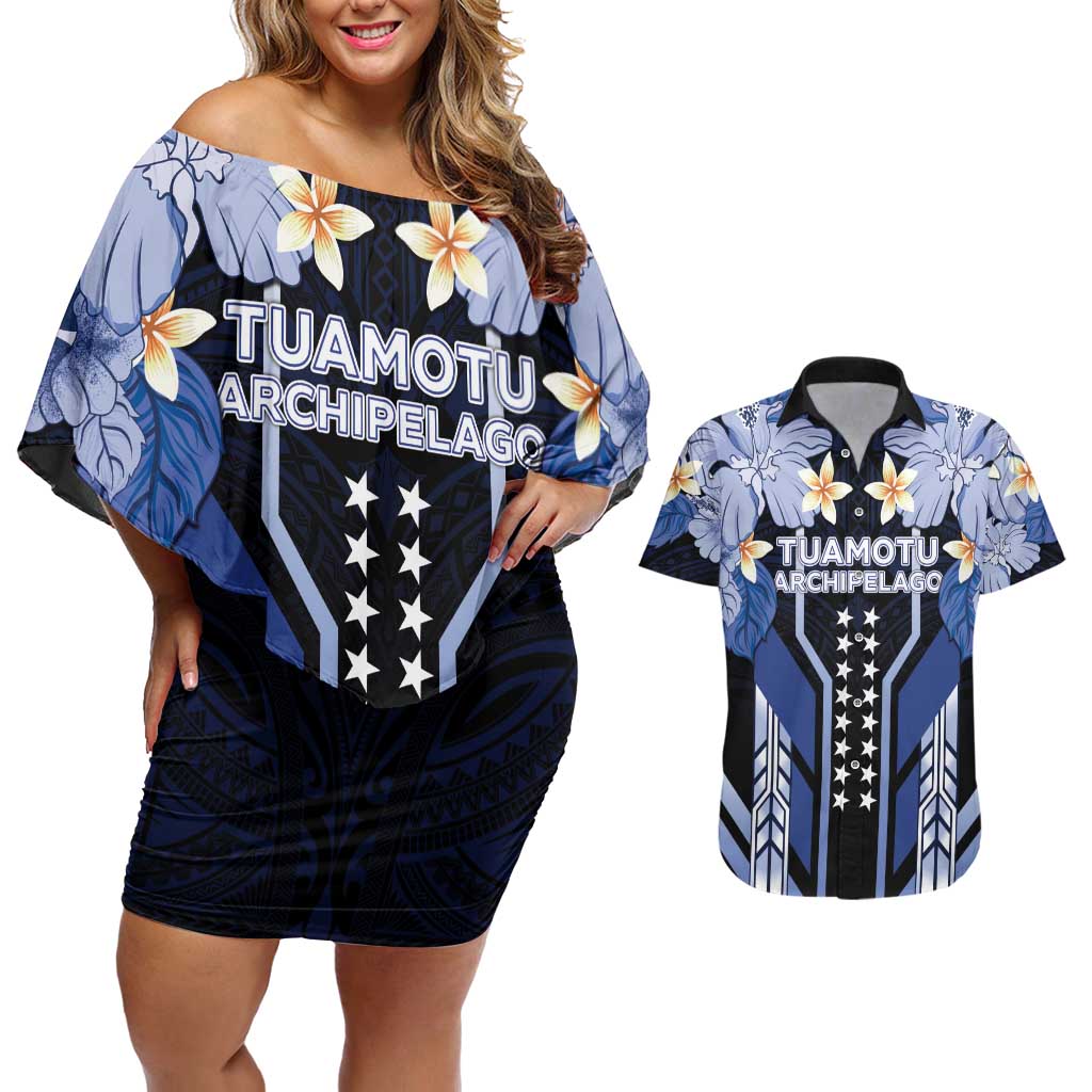 French Polynesia Tuamotu Archipelago Couples Matching Off Shoulder Short Dress and Hawaiian Shirt Polynesian Pattern Unique Style LT05 Navy - Polynesian Pride