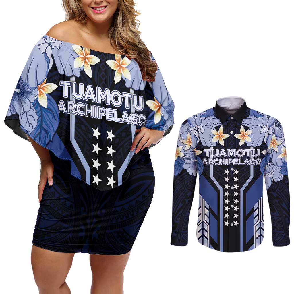 French Polynesia Tuamotu Archipelago Couples Matching Off Shoulder Short Dress and Long Sleeve Button Shirt Polynesian Pattern Unique Style LT05 Navy - Polynesian Pride