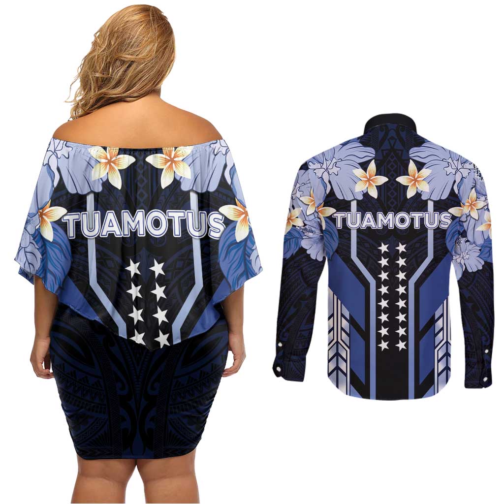 French Polynesia Tuamotu Archipelago Couples Matching Off Shoulder Short Dress and Long Sleeve Button Shirt Polynesian Pattern Unique Style LT05 - Polynesian Pride