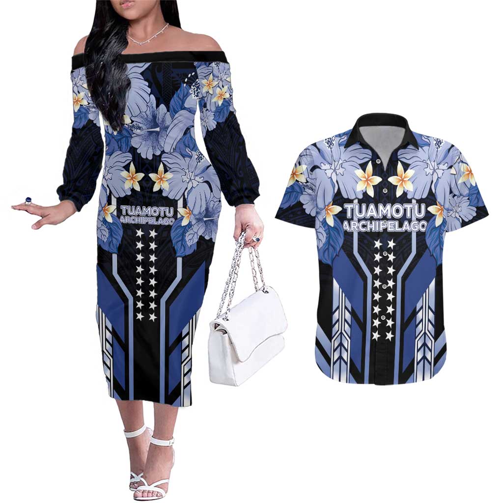 French Polynesia Tuamotu Archipelago Couples Matching Off The Shoulder Long Sleeve Dress and Hawaiian Shirt Polynesian Pattern Unique Style LT05 Navy - Polynesian Pride
