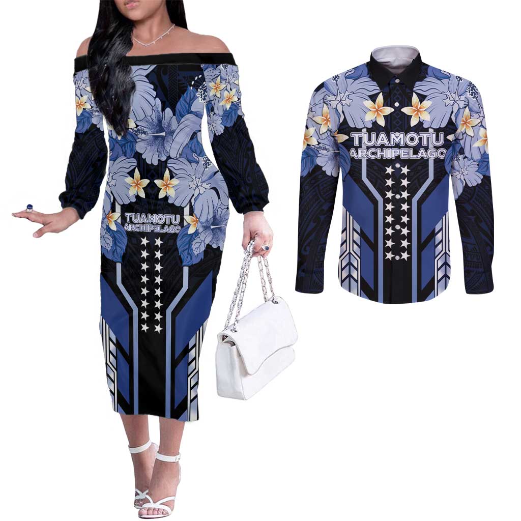 French Polynesia Tuamotu Archipelago Couples Matching Off The Shoulder Long Sleeve Dress and Long Sleeve Button Shirt Polynesian Pattern Unique Style LT05 Navy - Polynesian Pride