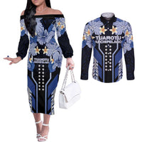 French Polynesia Tuamotu Archipelago Couples Matching Off The Shoulder Long Sleeve Dress and Long Sleeve Button Shirt Polynesian Pattern Unique Style LT05 Navy - Polynesian Pride