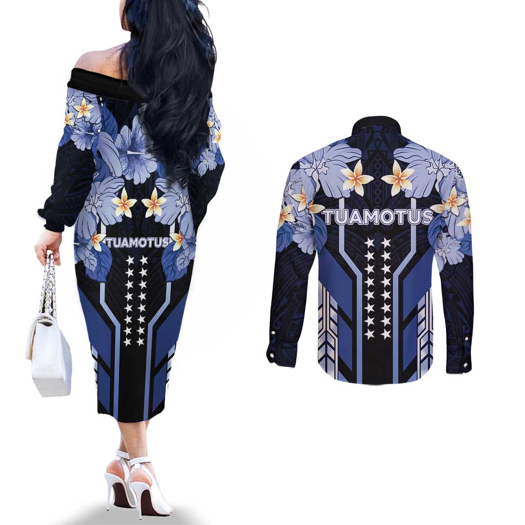 French Polynesia Tuamotu Archipelago Couples Matching Off The Shoulder Long Sleeve Dress and Long Sleeve Button Shirt Polynesian Pattern Unique Style LT05 - Polynesian Pride