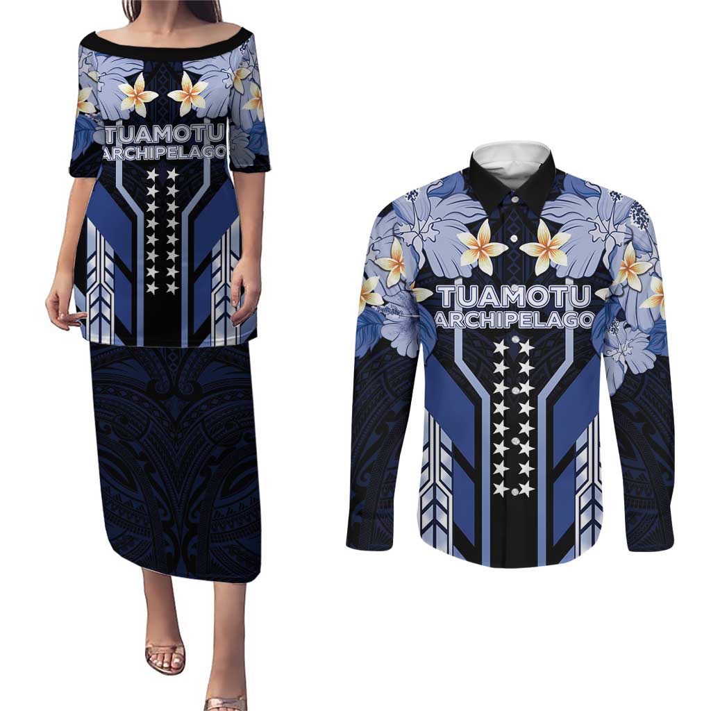 French Polynesia Tuamotu Archipelago Couples Matching Puletasi and Long Sleeve Button Shirt Polynesian Pattern Unique Style LT05 Navy - Polynesian Pride