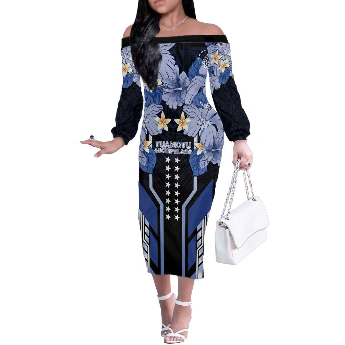 French Polynesia Tuamotu Archipelago Off The Shoulder Long Sleeve Dress Polynesian Pattern Unique Style LT05 Women Navy - Polynesian Pride