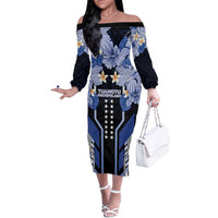 French Polynesia Tuamotu Archipelago Off The Shoulder Long Sleeve Dress Polynesian Pattern Unique Style LT05 Women Navy - Polynesian Pride