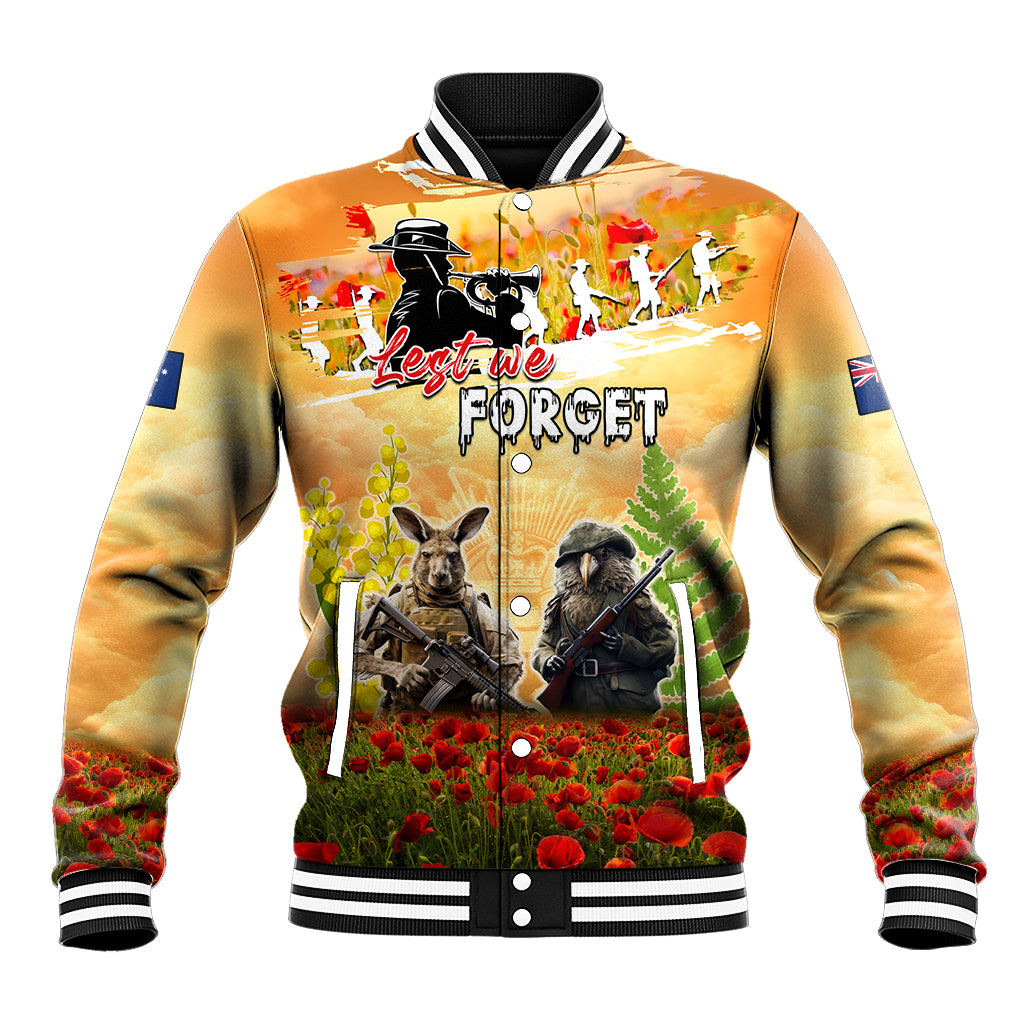 Australia And New Zealand ANZAC Day Baseball Jacket Kangaroo And Kiwi Bird Soldiers Lest We Forget LT05 Unisex Yellow - Polynesian Pride