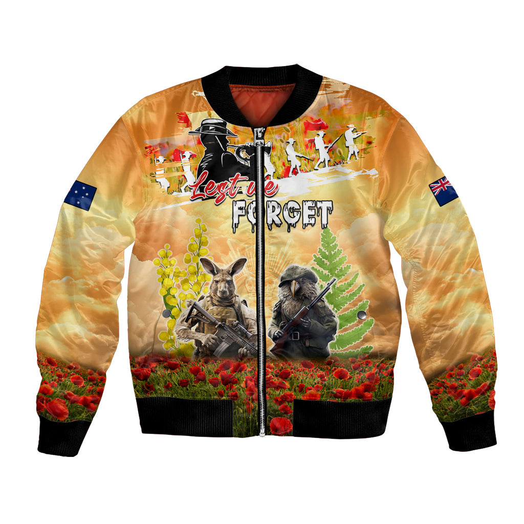 Australia And New Zealand ANZAC Day Bomber Jacket Kangaroo And Kiwi Bird Soldiers Lest We Forget LT05 Unisex Yellow - Polynesian Pride