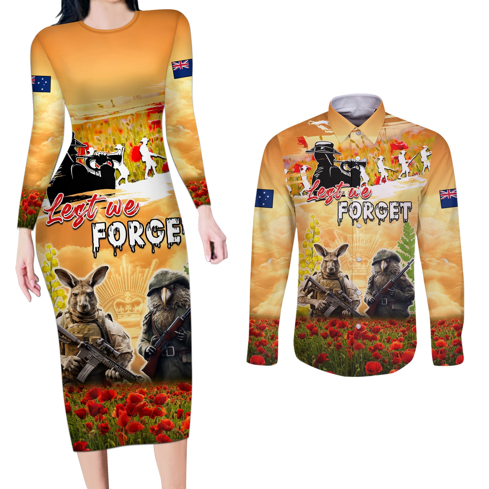 Australia And New Zealand ANZAC Day Couples Matching Long Sleeve Bodycon Dress and Long Sleeve Button Shirt Kangaroo And Kiwi Bird Soldiers Lest We Forget LT05 Yellow - Polynesian Pride