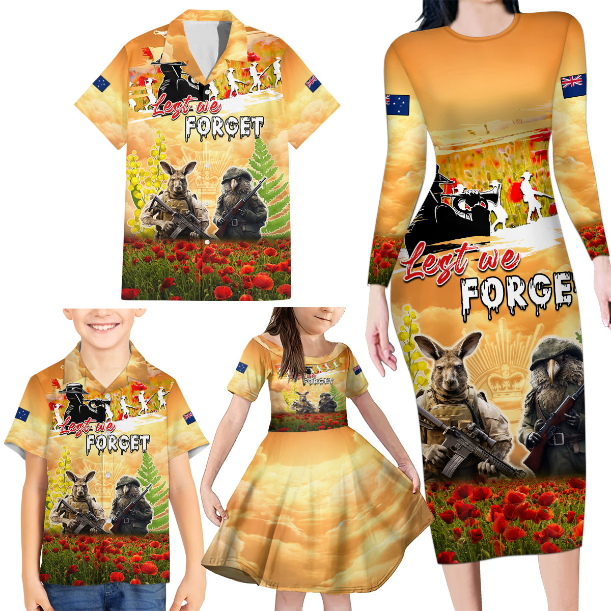 Australia And New Zealand ANZAC Day Family Matching Long Sleeve Bodycon Dress and Hawaiian Shirt Kangaroo And Kiwi Bird Soldiers Lest We Forget LT05 - Polynesian Pride