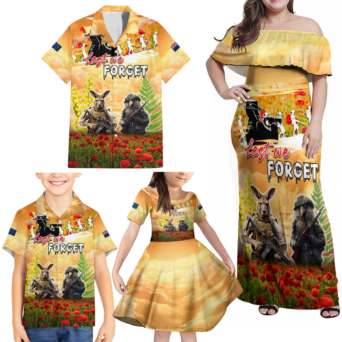 Australia And New Zealand ANZAC Day Family Matching Off Shoulder Maxi Dress and Hawaiian Shirt Kangaroo And Kiwi Bird Soldiers Lest We Forget LT05 - Polynesian Pride