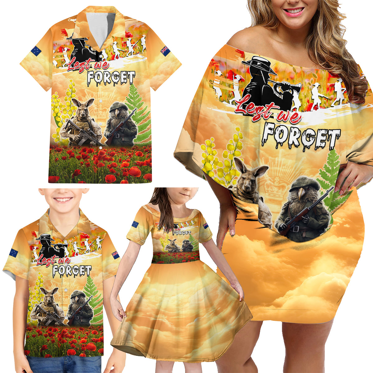 Australia And New Zealand ANZAC Day Family Matching Off Shoulder Short Dress and Hawaiian Shirt Kangaroo And Kiwi Bird Soldiers Lest We Forget LT05 - Polynesian Pride