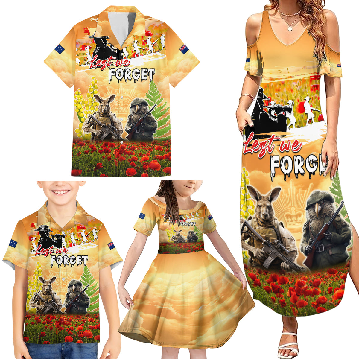 Australia And New Zealand ANZAC Day Family Matching Summer Maxi Dress and Hawaiian Shirt Kangaroo And Kiwi Bird Soldiers Lest We Forget LT05 - Polynesian Pride