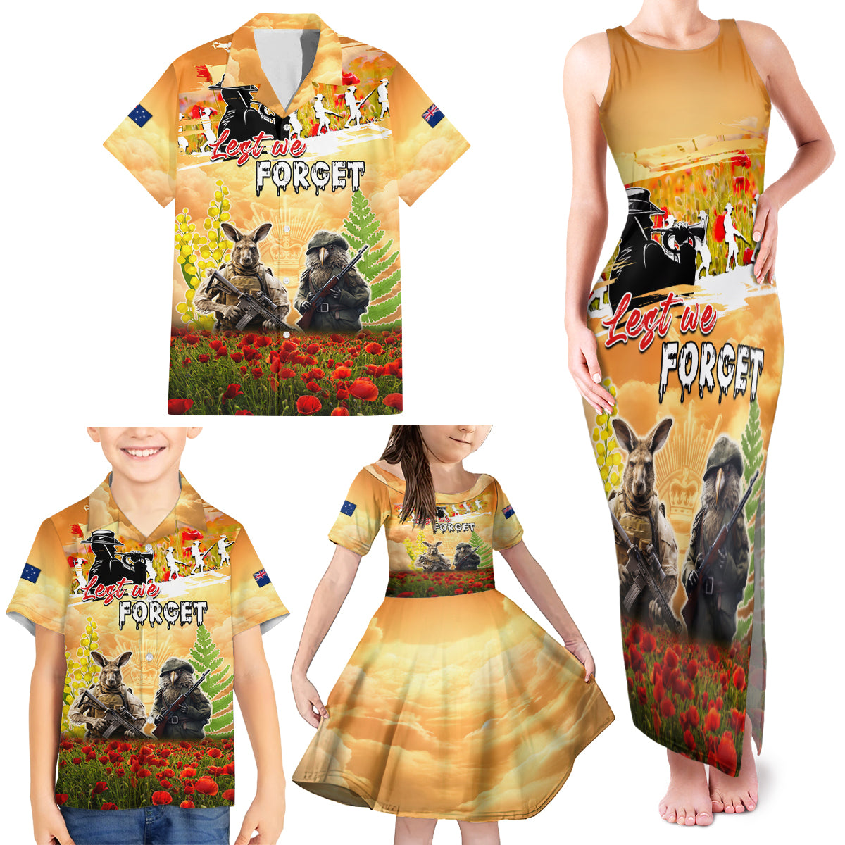 Australia And New Zealand ANZAC Day Family Matching Tank Maxi Dress and Hawaiian Shirt Kangaroo And Kiwi Bird Soldiers Lest We Forget LT05 - Polynesian Pride